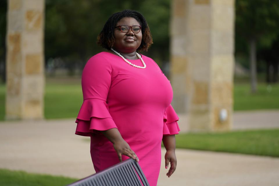 Attorney Adwoa Asante poses for a photo in Addison, Texas, on Wednesday, Aug. 24, 2022. (AP Photo/Tony Gutierrez)