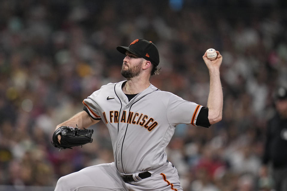 San Francisco Giants relief pitcher Alex Wood works against a San Diego Padres batter during the third inning of a baseball game Friday, Sept. 1, 2023, in San Diego. (AP Photo/Gregory Bull)