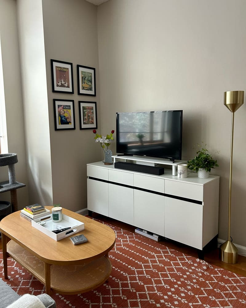 Media console in studio apartment.