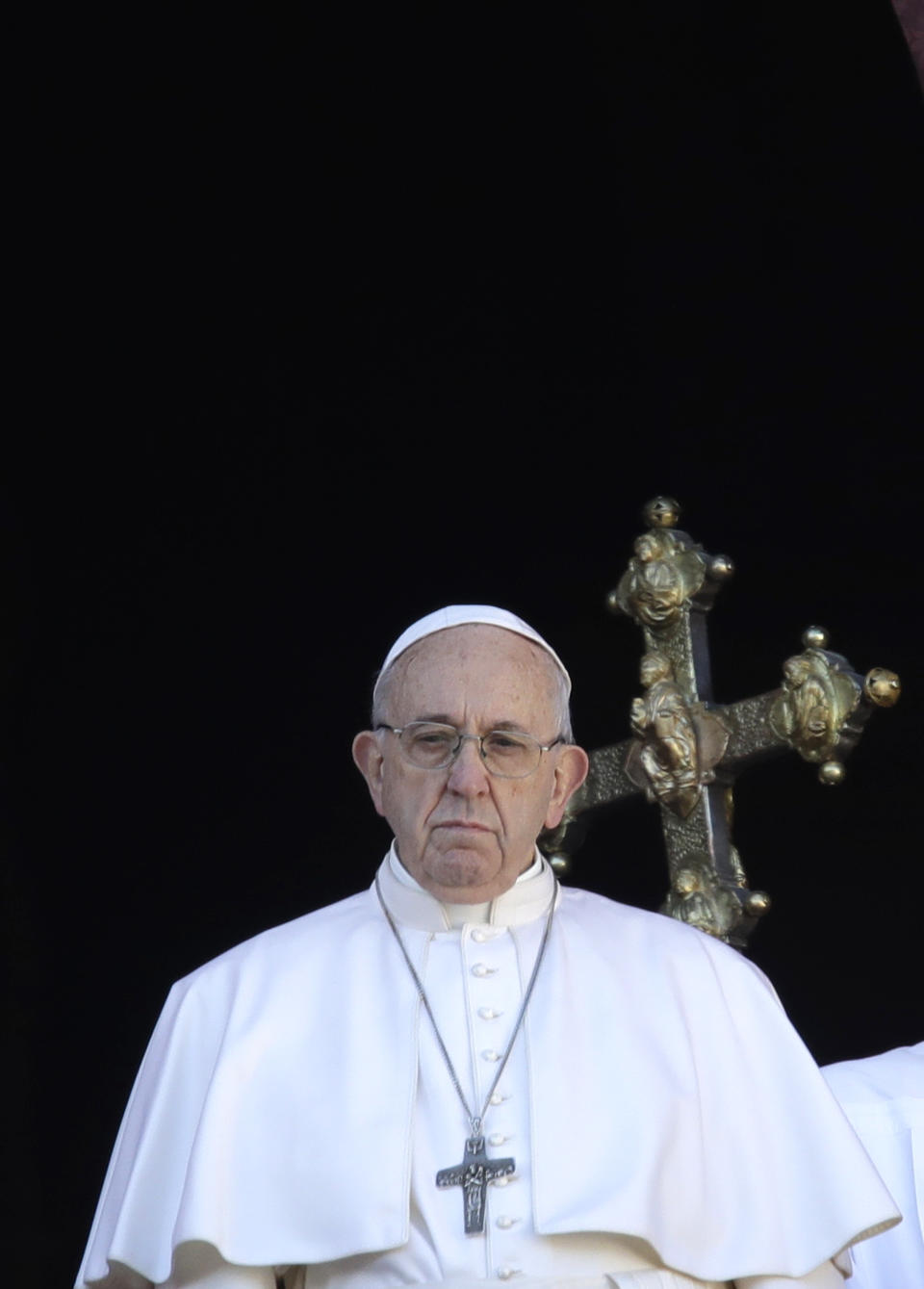 Pope Francis looks at St. Peter's Square after the Urbi et Orbi (Latin for 'to the city and to the world' ) Christmas' day blessing from the main balcony of St. Peter's Basilica at the Vatican, Tuesday, Dec. 25, 2018. (AP Photo/Alessandra Tarantino)