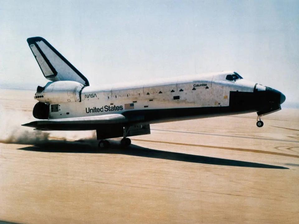 The rear wheels of the space shuttle orbiter Columbia touched down on Rogers dry lake at Edwards Air Force Base in 1981.