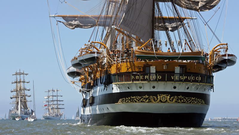 FILE PHOTO: Tall ship Amerigo Vespucci of Italy follows other ships in Lisbon harbour