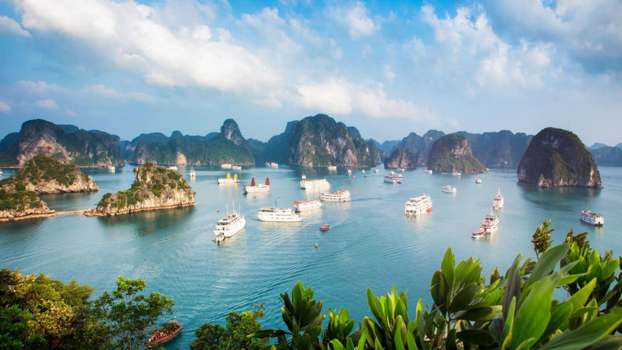 Halong Bay Vietnam panorama at sunset with anchored tourist ships photographed from the top of a cliff.