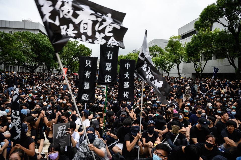 Students attend a school boycott rally at the Chinese University of Hong Kong on September 2, 2019, in the latest opposition to a planned extradition law that has since morphed into a wider call for democratic rights in the semi-autonomous city. - The global financial hub is in the grip of an unprecedented crisis as a largely leaderless movement has drawn millions on to the streets to protest against what they see as an erosion of freedoms and increasing interference in their affairs by Beijing. (Photo by Philip FONG / AFP)        (Photo credit should read PHILIP FONG/AFP/Getty Images)