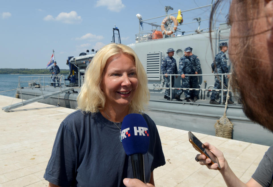 Kay Longstaff speaks to press in Pula, Croatia, after being rescued from the Adriatic sea, Source: Reuters