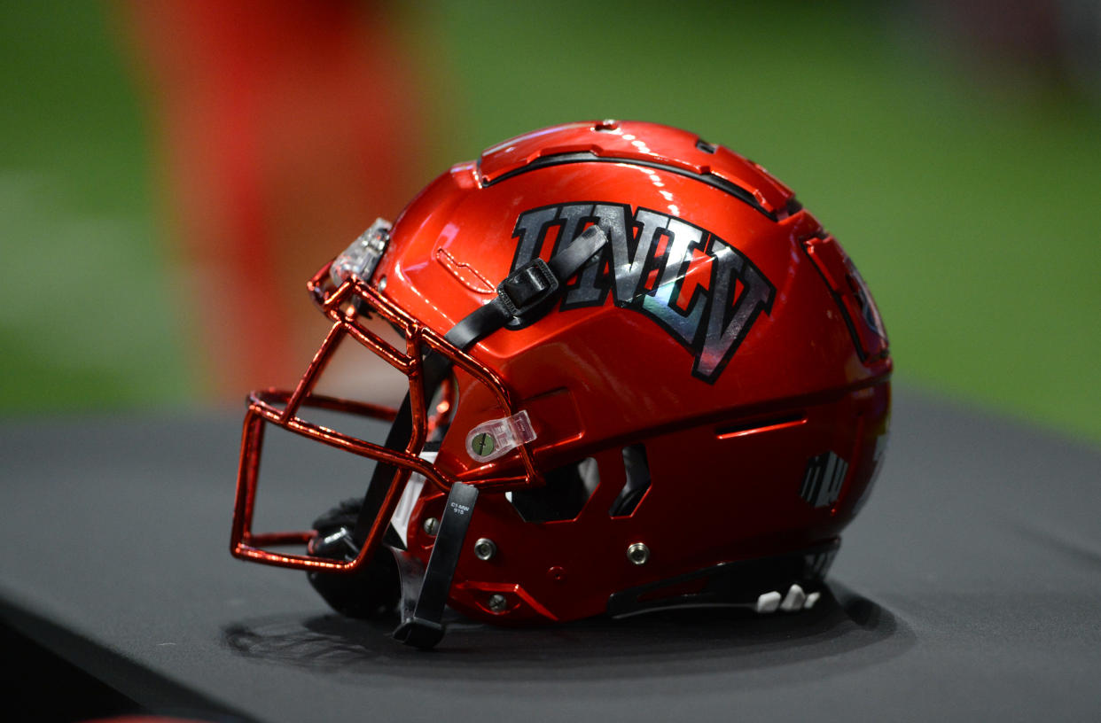 SAN ANTONIO, TX - OCTOBER 02: A University of Nevada Las Vegas Rebels helmet sits on the sidelines during game between the University of Nevada Las Vegas Rebels and the University of Texas - San Antonio Roadrunners on October 2, 2021 at the Alamodome in San Antonio, TX. (Photo by John Rivera/Icon Sportswire via Getty Images)