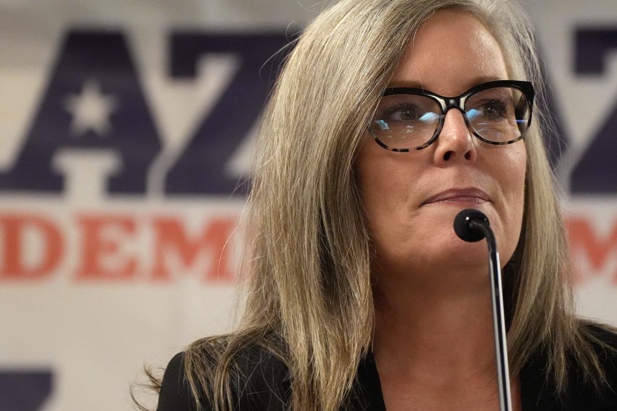 Gubernatorial candidate Katie Hobbs speaks as the Arizona Democratic Party hosts a Unity Rally with statewide candidates to energize Democratic voters and volunteers ahead of the November election at Carpenters Union Hall on Saturday, Aug. 27, 2022.   