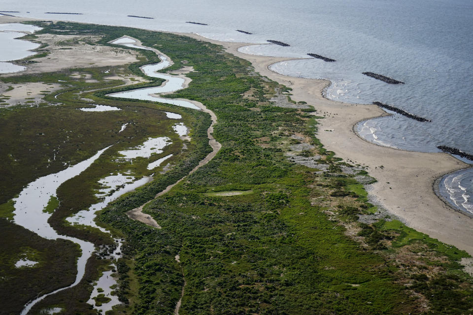 Nesting pelicans are seen from the air on Raccoon Island, a Gulf of Mexico barrier island that is a nesting ground for brown pelicans, terns, seagulls and other birds, in Chauvin, La., Tuesday, May 17, 2022. The vanishing islands threaten one of the last century’s most celebrated conservation success stories — the decades-long effort to bring the pelicans back from the edge of extinction. (AP Photo/Gerald Herbert)