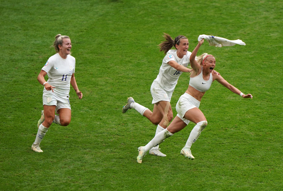 England's Chloe Kelly celebrates scoring their side's second goal of the game during the UEFA Women's Euro 2022 final at Wembley Stadium, London. Picture date: Sunday July 31, 2022.