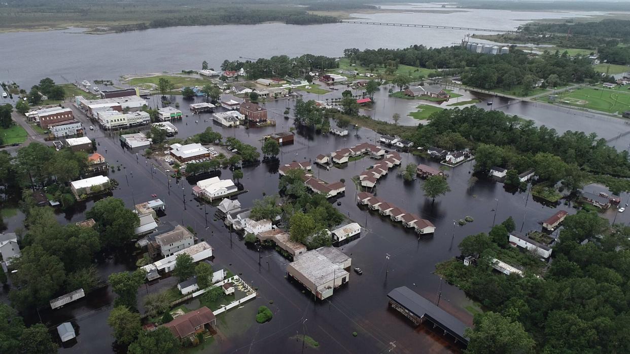 Drone photos of flooding in Belhaven, North Carolina, on Sept. 15, 2018, from Hurricane Florence. Many areas in Eastern North Carolina were flooded two years earlier by rains from Hurricane Matthew.