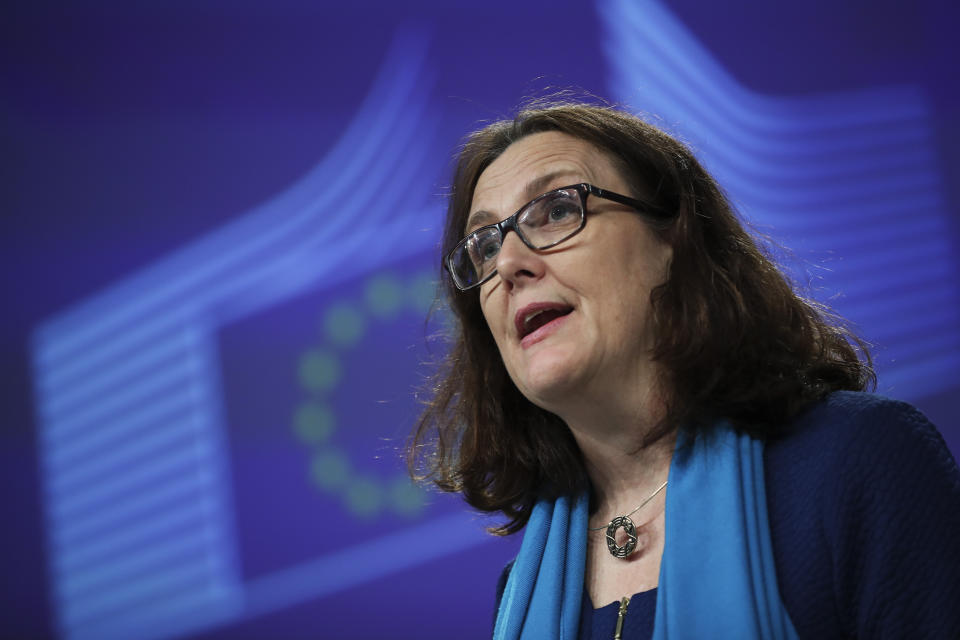 European Trade Commissioner Cecilia Malmstrom talks to journalists during a news conference at the European Commission headquarters in Brussels, Monday, April 15, 2019. (AP Photo/Francisco Seco)
