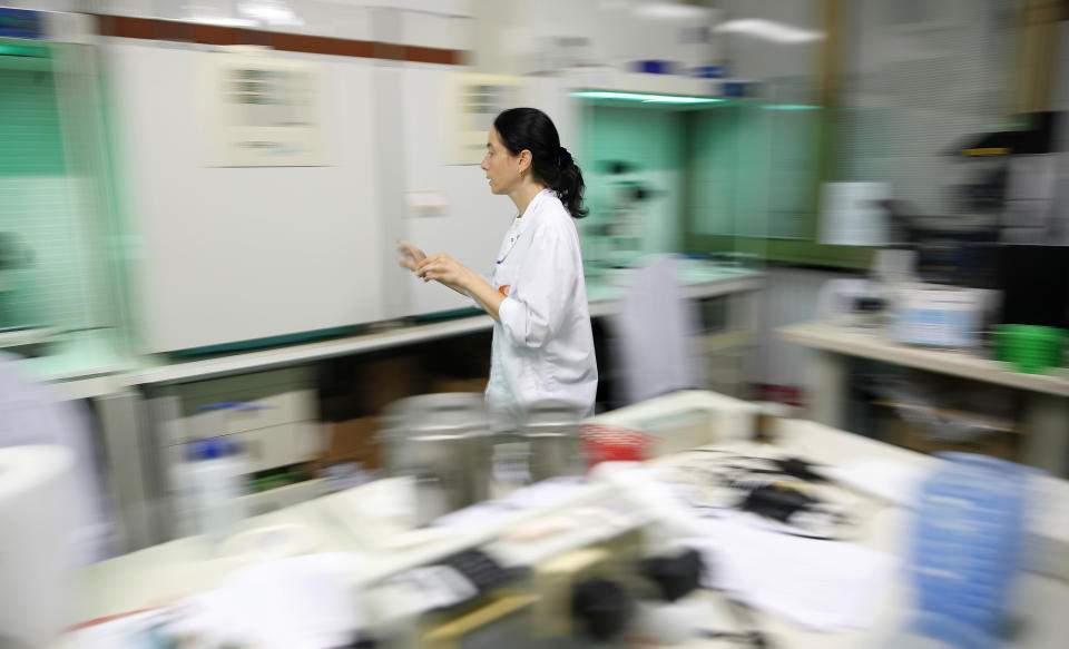 Researcher Silvia Colleoni works at the Avantea laboratory during the inseminating of eggs from the last two remaining female of northern white rhinos with frozen sperm from two rhino bulls of the same species, in Cremona, Italy, Sunday, Aug. 25, 2019. The northern white rhino is on the verge of extinction but Sunday's operation raises hopes that they'll survive. (AP Photo/Antonio Calanni)