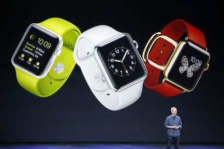 Apple CEO Tim Cook speaks about the Apple Watch during an Apple event at the Flint Center in Cupertino, California, U.S. September 9, 2014. REUTERS/Stephen Lam/File Photo