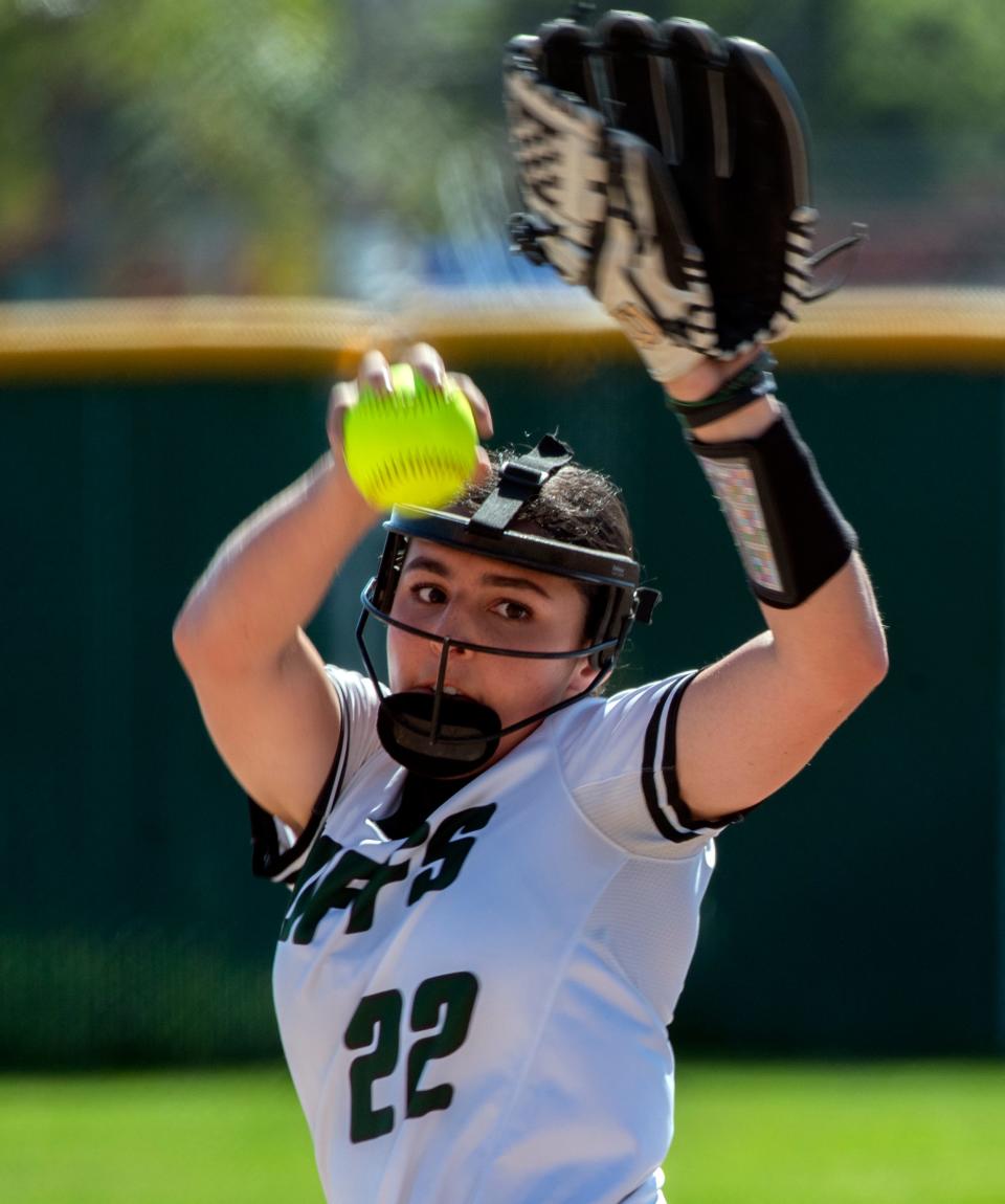 Manteca's Nayellys Torres delivers a pitch during a varsity softball game against Oakdale at Manteca on Apr. 11, 2024.