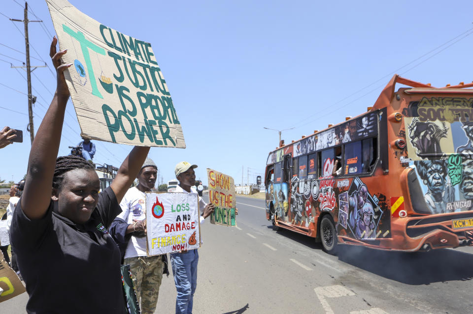 Kenyan activists demonstrate at a protest to highlight the effects of global warming and demand more aid for poor countries, in downtown Nairobi, Kenya Saturday, Sept. 24, 2022. U.N. Secretary-General Antonio Guterres told world leaders earlier this week that rich energy companies should be forced to fork over some windfall profits to aid victims of climate change and offset rising fuel and food costs. (AP Photo)