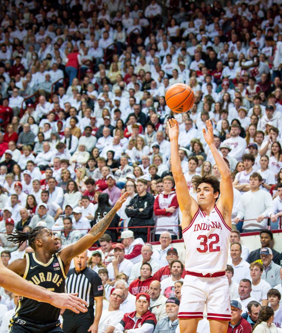 Indiana's Trey Galloway (32)) scores during the first half of the Indiana versus Purdue men's basketball game at Simon Skjodt Assembly Hall on Tuesday, Jan. 16, 2024.