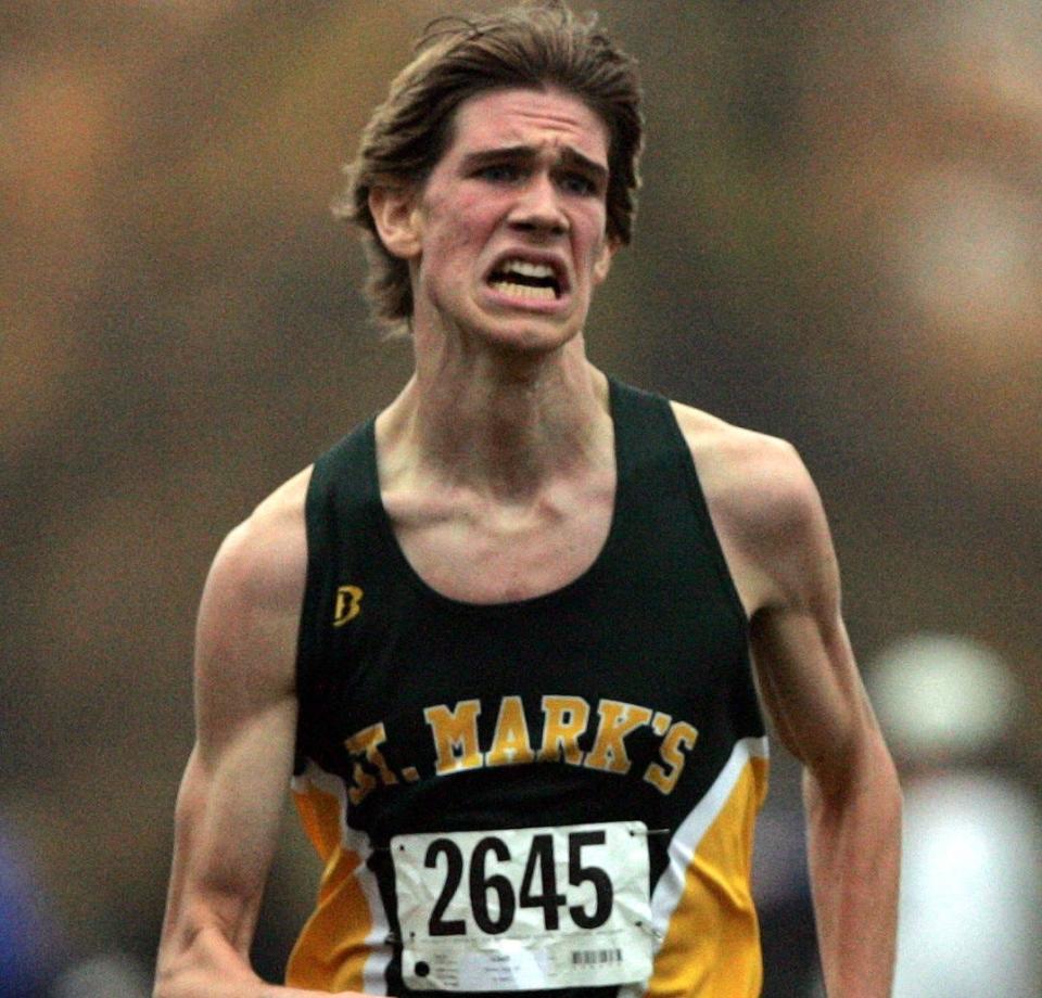 Greg Morrin of Saint Mark's wins the Division I boys cross country state meet at White Clay Creek in 2008.