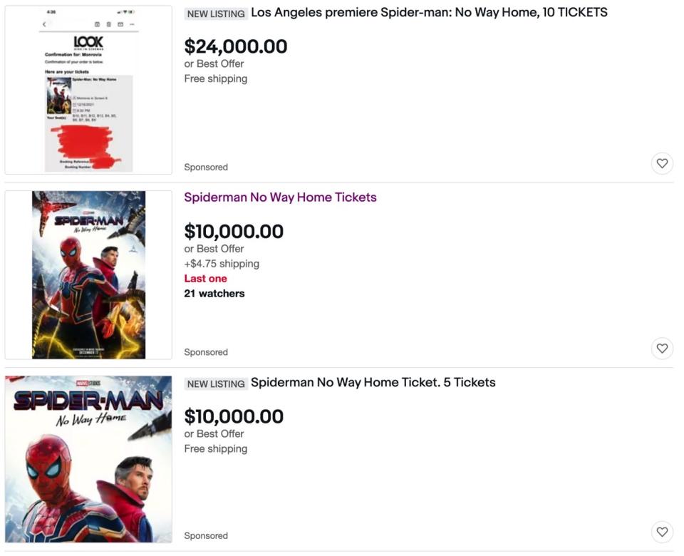 Multiple eBay auctions for Spider-Man: No Way Home tickets. - Credit: eBay