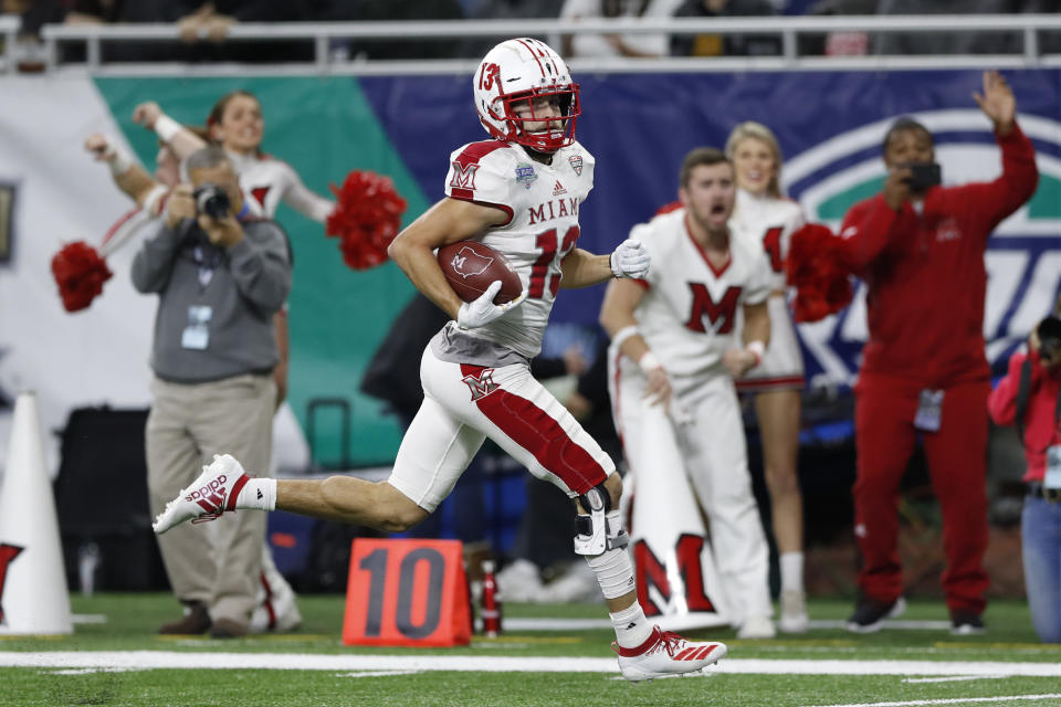 Miami of Ohio wide receiver Jack Sorenson runs for a touchdown during the second half of the Mid-American Conference championship NCAA college football game against Central Michigan, Saturday, Dec. 7, 2019, in Detroit. (AP Photo/Carlos Osorio)