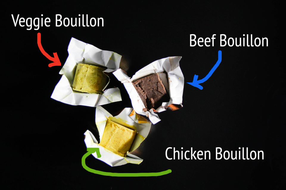 veggie bouillon, beef bouillon, and chicken bouillon