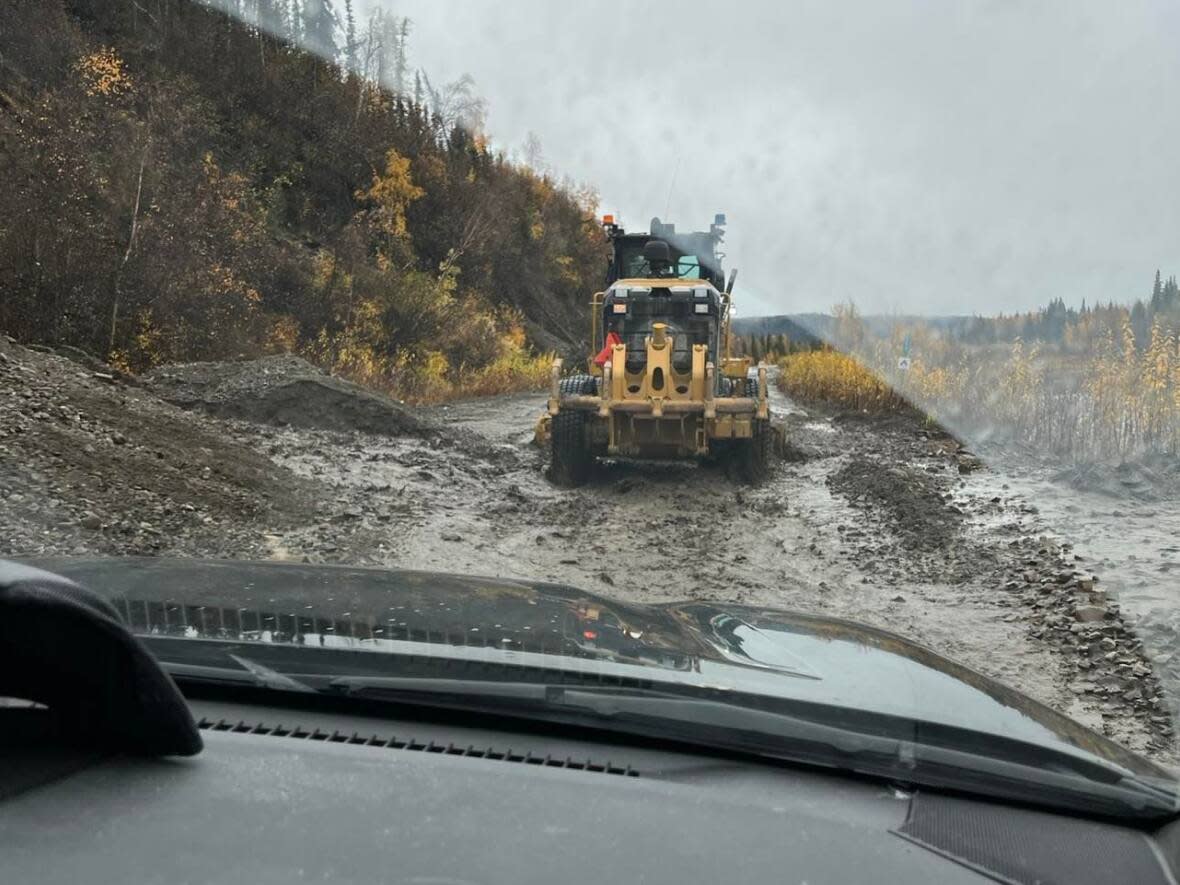 A section of the North Klondike Highway. 'The road was washed out,' Jamie Lee Roberts said. 'There was a huge creek of running water.' (Submitted by Jamie Lee Roberts - image credit)