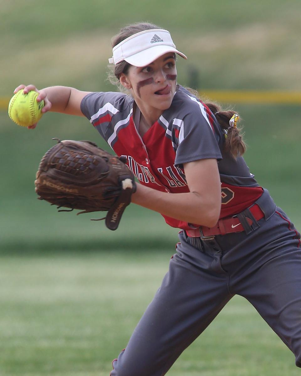 Silver Lake's Jayme Carr prepares to throw to first after fielding a grounder in the top of the fifth inning of their game against Plymouth North at Silver Lake Regional High School in Kingston on Friday, May 20, 2022.