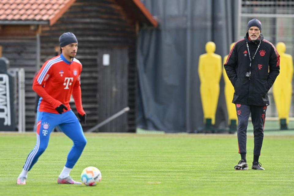 Tuchel watches Sane at a Bayern training session (Getty Images)