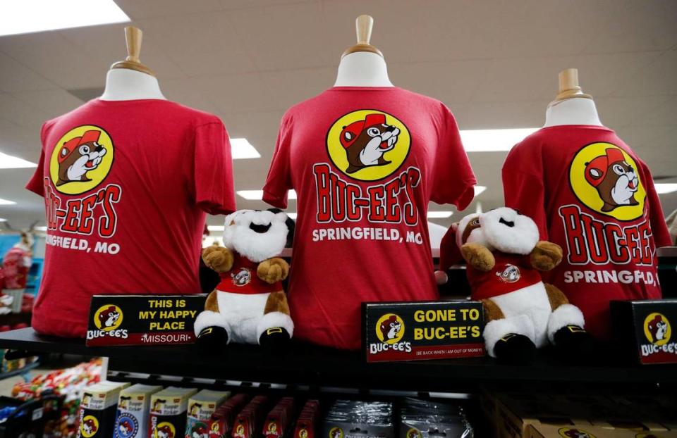 Missouri-themed Buc-ee’s shirts and signs for sale at the Springfield store. The Texas chain was founded in 1982. Nathan Papes/Springfield News-Leader