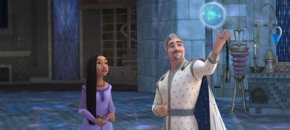 In Walt Disney Animation Studios’ “Wish,” Asha is invited to see where King Magnifico keeps all of the wishes given to him by those in his kingdom. The movie features the voices of Academy Award-winning actress Ariana DeBose as Asha and Chris Pine as King Magnifico.