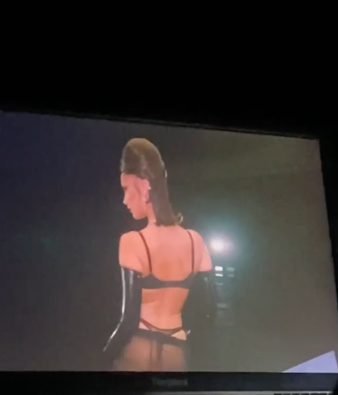 Bella shared this behind-the-scenes look at her bottom-baring outfit. Photo: Instagram/bellahadid.