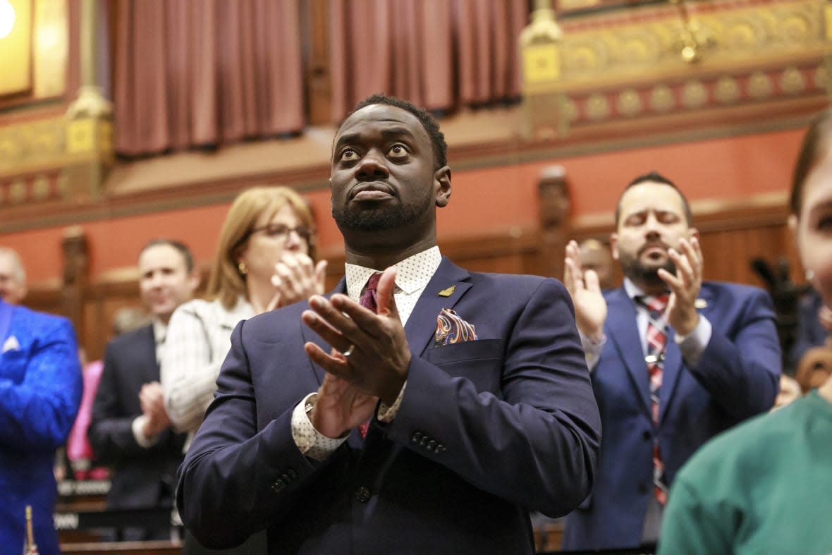 State Rep. Quentin Williams, D-Middletown, applauds during Connecticut Gov. Ned Lamont’s state of the state address, Wednesday, Jan. 4, 2023, in Hartford, Conn. (Brian O’Connor/Connecticut House Democrats via AP)