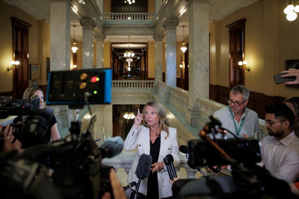 Ontario NDP leader Marit Stiles speaking to reporters during a news conference at Queen's Park in September 2023.