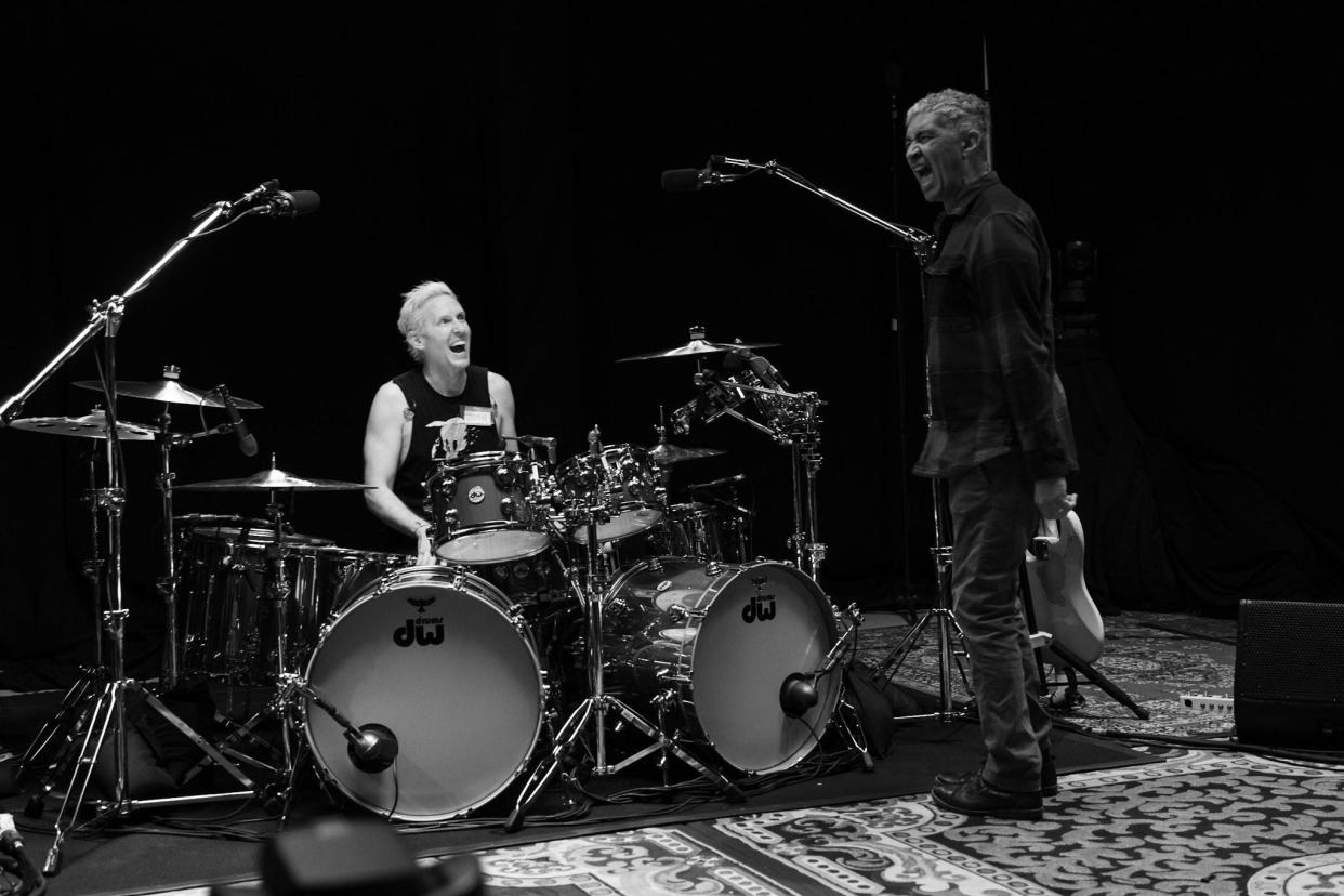 Foo Fighters unveiled new drummer Josh Freese, shown here with guitarist Pat Smear, during a free live streaming show Sunday on Veeps.  Freese, 50, is a session drummer who has spent time in bands such Guns N' Roses and Nine Inch Nails, and also joined the touring bands for Sting, Paramore and the Replacements.