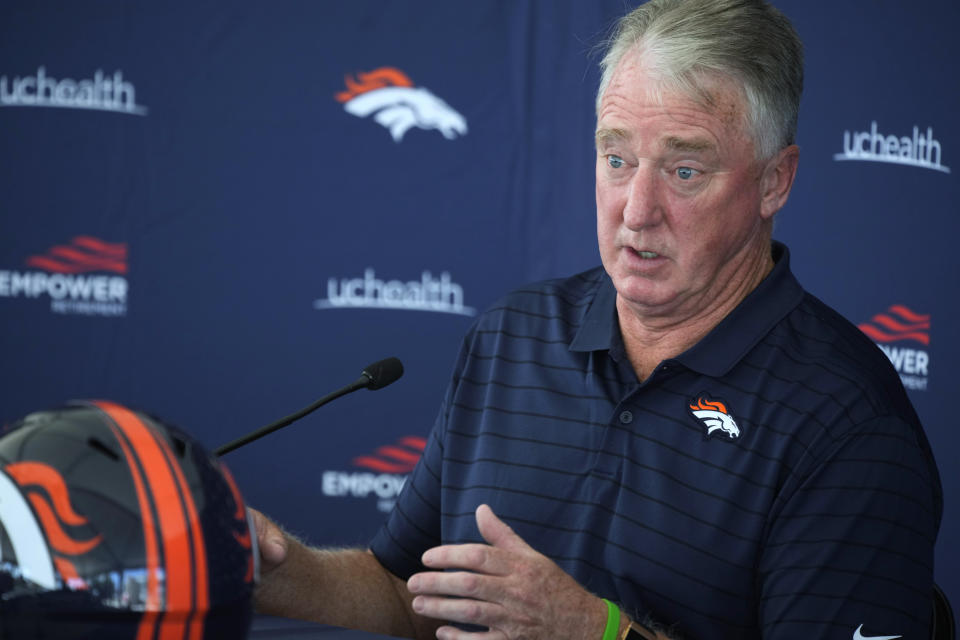 Joe Ellis, president of the Denver Broncos, speaks during a news conference Tuesday, July 27, 2021, in Englewood, Colo., as the NFL football team was preparing for training camp. (AP Photo/David Zalubowski)