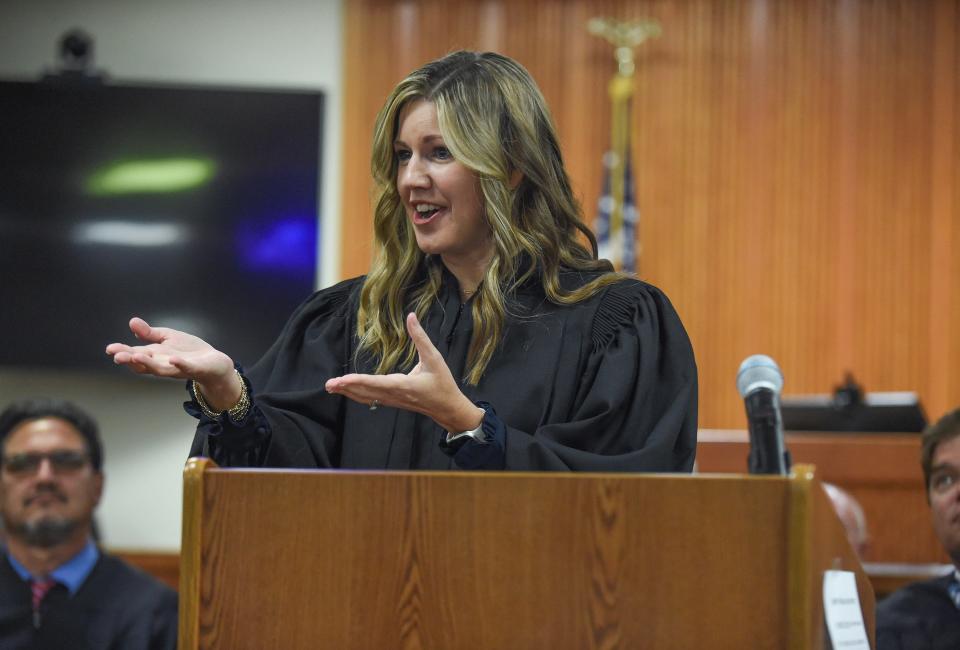 Newly appointed Circuit Judge Anastasia Norman gives credit to her parents during her Investiture ceremony at the St. Lucie County Courthouse on Friday, Oct. 13, 2023, in Fort Pierce.