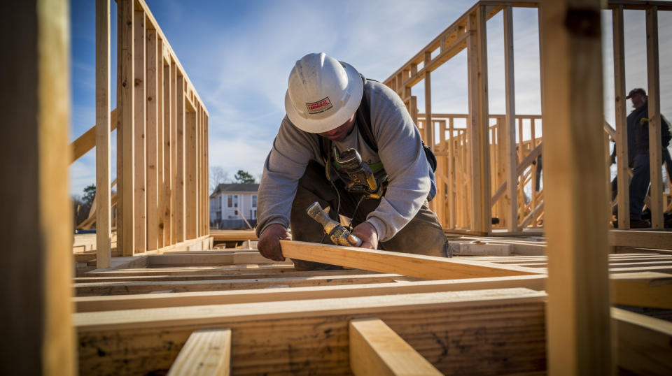 A worker hammering a nail into the frame of a single-family home under construction.