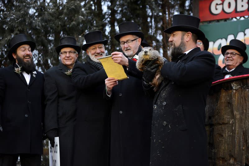 Groundhog Club's Inner Circle member Jeff Lundy delivers Punxsutawney Phil's forecast to the crowd on the 133rd Groundhog Day in Punxsutawney, Pennsylvania