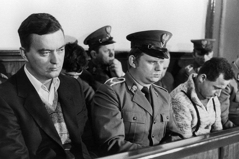 Former Polish Internal Ministry officers accused of murdering Jerzy Popieluszko at the opening of their high-profile trial in 1984. They were given long jail terms, then partially pardoned. Their superiors have never been identified