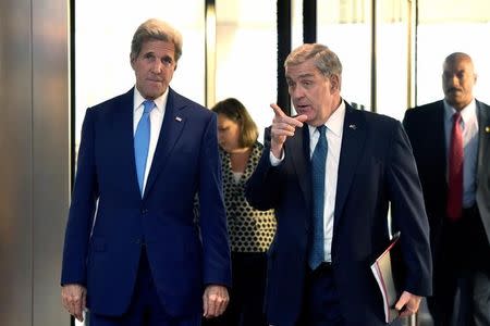 U.S. Secretary of State John Kerry and U.S. Ambassador to NATO Douglas Lute arrive at the NATO headquarters in Brussels, June 27, 2016. REUTERS/Eric Vidal