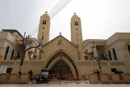 Security forces stand outside the Coptic church that was bombed on Sunday in Tanta, Egypt, April 10, 2017. REUTERS/Mohamed Abd El Ghany