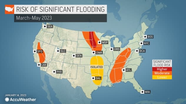 A significant flood risk map for March to May from AccuWeather.