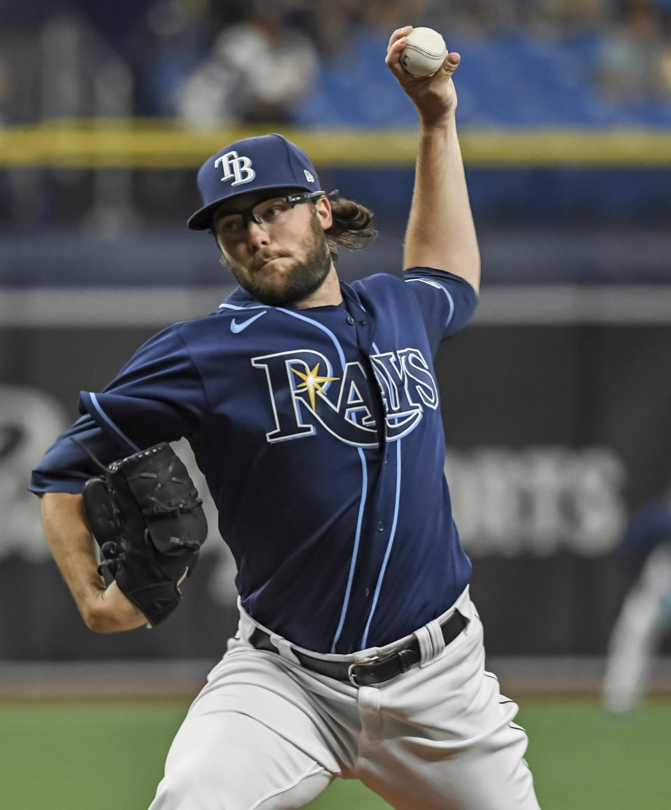 Tampa Bay Rays reliever Josh Fleming pitches against the Cleveland Indians during the third inning in the second baseball game of a doubleheader Wednesday, July 7, 2021, in St. Petersburg, Fla.(AP Photo/Steve Nesius)
