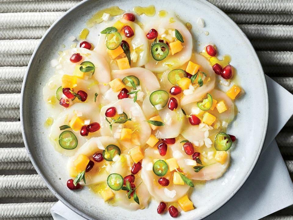 Scallop Crudo with Mango and Pomegranate (25 minutes)