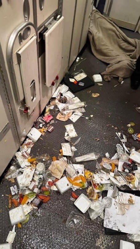 網民上載的相片顯示，機艙內的食物散落一地。（網上相片）