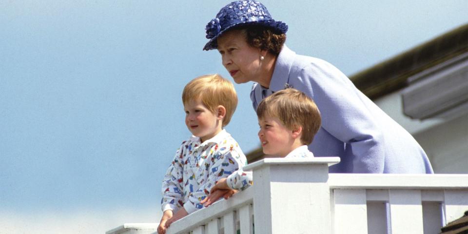 <p>The queen and her two grandchildren Prince William and Prince Harry sat in a royal box at Guards Polo Club in Smiths Lawn, Windsor.</p>