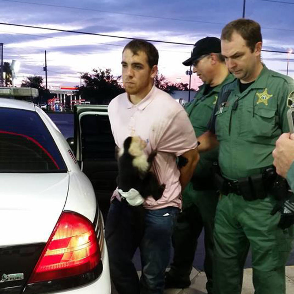 Monk the monkey wasn’t letting go of Hession’s t-shirt as officers removed him from the vehicle. Source: Facebook/ Pasco Sheriff’s Office