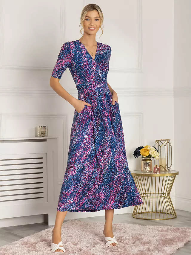 Jolie Moi Floral Ruched Mesh Midi Dress, Navy at John Lewis & Partners