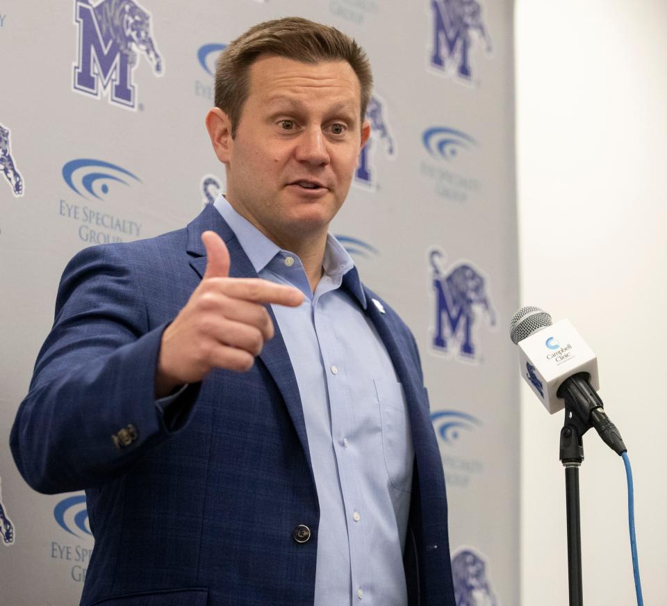 Head coach Ryan Silverfield speaks to members of the media ahead of Memphis football spring practice Wednesday, March 16, 2022, at the Billy J. Murphy Athletic Complex in Memphis. 