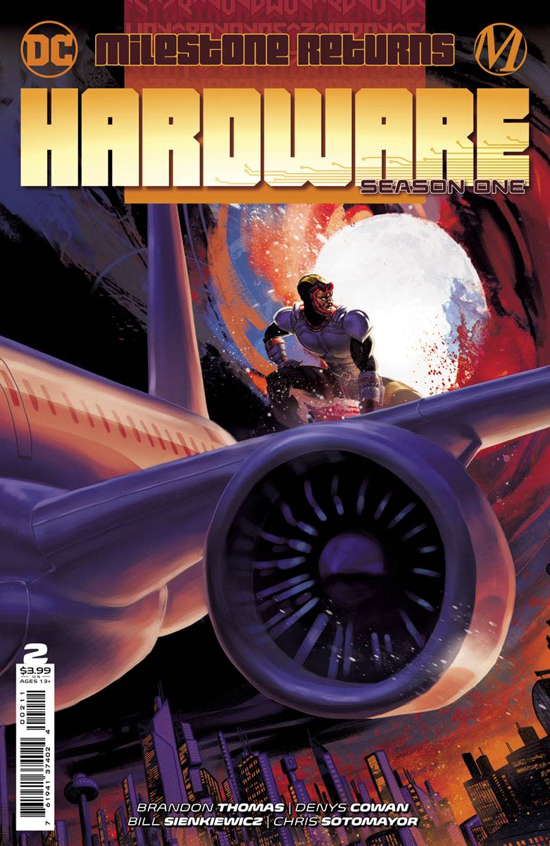 Hardware sits atop the wing of a plane in the cover of Hardware: Season One #2