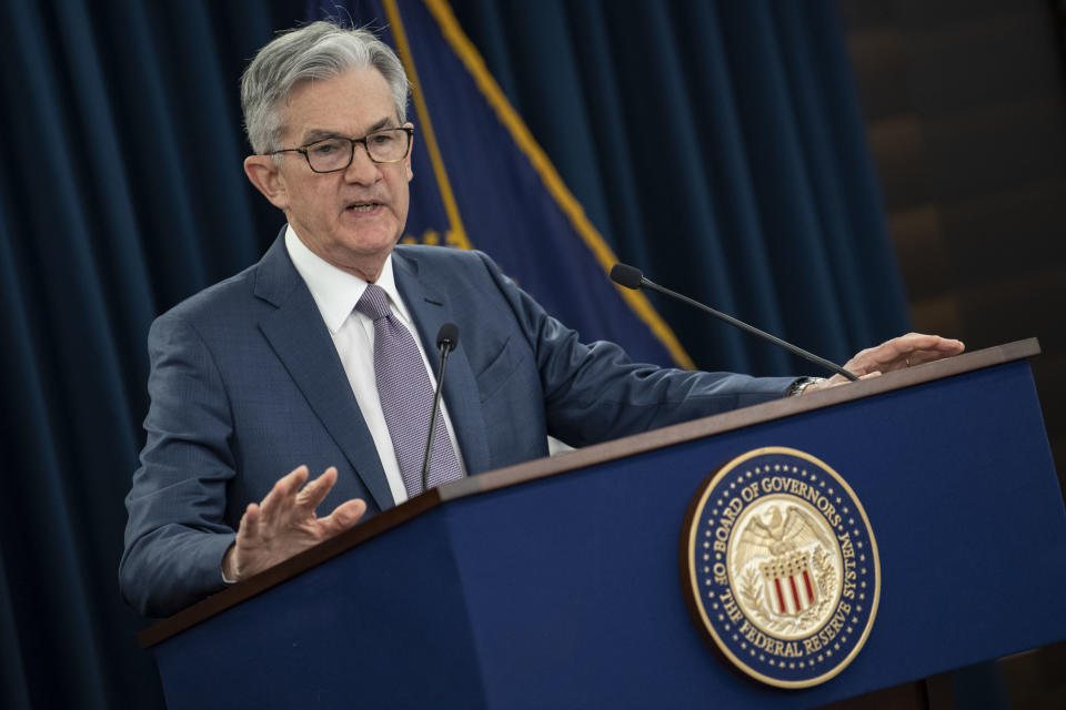 US Federal Reserve Chairman Jerome Powell gives a press briefing after the surprise announcement the FED will cut interest rates on March 3, 2020 in Washington,DC. - The US Federal Reserve announced an emergency rate cut Tuesday, responding to the growing economic risk posed by the coronavirus epidemic and giving President Donald Trump the stimulus he has called for. In a unanimous decision, the Fed's policy-setting committee slashed its key interest rate by a half point to a range of 1.0-1.25. (Photo by Eric BARADAT / AFP) (Photo by ERIC BARADAT/AFP via Getty Images)